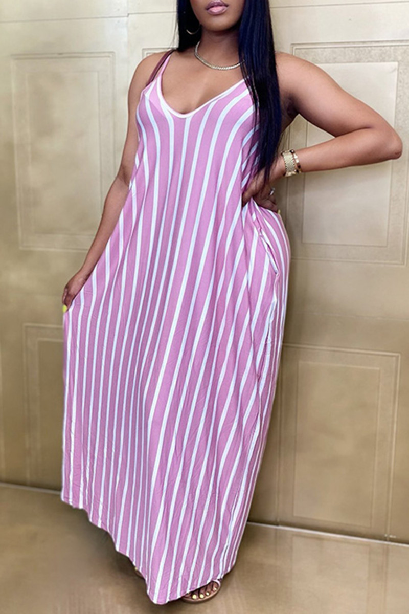 

Fuchsia Sexy Casual Plus Size Striped Print Backless V Neck Sling Dress