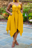 Yellow Fashion Sexy Plus Size Solid Patchwork Asymmetrical V Neck Sling Dress