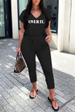 Black Fashion Letter Printed T-shirt Trouser Set