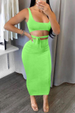 Green Fashion Sexy Solid Backless Strap Design U Neck Sleeveless Two Pieces