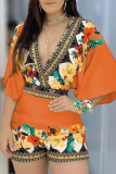 Apricot Sexy Print Patchwork V Neck Loose Rompers
