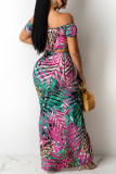 Green Fashion Sexy Print Backless Slit Off the Shoulder Short Sleeve Two Pieces