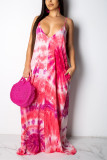 Pink Casual Off The Shoulder Sleeveless Slip Swagger Floor-Length Print Patchwork