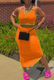 Orange Sexy Casual Solid Patchwork Spaghetti Strap Sleeveless Two Pieces