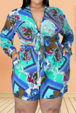 Blue Sexy Print Patchwork V Neck Plus Size Two Pieces