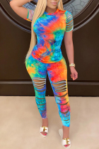 Peacock blue Fashion Casual adult O Neck Patchwork Print Hole Tie Dye Burn-out Two Piece Suits Stitching Plus Size
