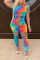 Peacock blue Fashion Casual adult O Neck Patchwork Print Hole Tie Dye Burn-out Two Piece Suits Stitching Plus Size