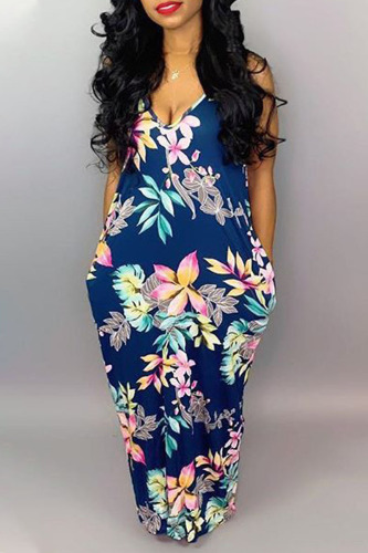 Navy Blue Casual Off The Shoulder Sleeveless Slip Swagger Floor-Length Print Patchwork