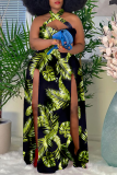 Blue Sexy Print High Opening Halter Plus Size Dresses