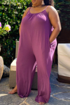 Purple Fashion Casual Solid Backless Spaghetti Strap Plus Size Jumpsuits