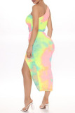 Multicolor Fashion Sexy Print Tie Dye Backless Slit One Shoulder Sleeveless Two Pieces