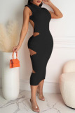 Black Sexy Solid Hollowed Out Backless O Neck A Line Dresses