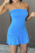 Blue Fashion Sexy Solid Backless Flounce Strapless Sleeveless Dress