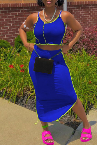 Blue Sexy Casual Solid Patchwork Spaghetti Strap Sleeveless Two Pieces