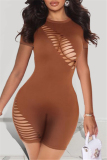 Brown Fashion Sexy Solid Hollowed Out O Neck Short Sleeve Skinny Romper