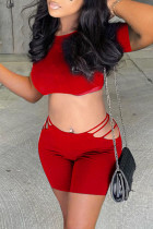 Red Sexy Casual Solid Hollowed Out O Neck Short Sleeve Two Pieces