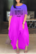 Purple Fashion Gradual Change Letter Print Asymmetrical O Neck Short Sleeve Dress