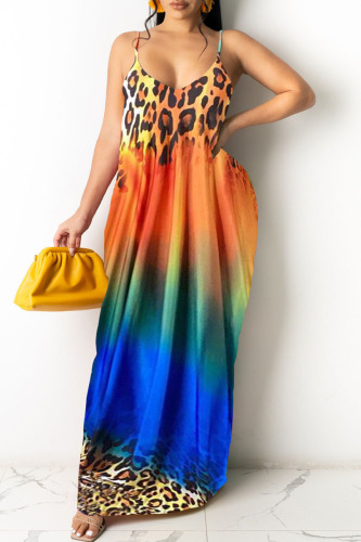 Leopard Print Casual Off The Shoulder Sleeveless Slip Swagger Floor-Length Print Patchwork