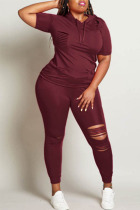 Wine Red Fashion adult Ma'am Street hooded Solid Burn-out Two Piece Suits Stitching Plus Size
