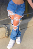 Light Blue Casual Solid Ripped Mid Waist Straight Denim Jeans