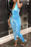 Light Blue Sexy Print Backless Strap Design Halter Skinny Jumpsuits