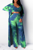 Blue Green Fashion Casual Long Sleeve O Neck Regular Sleeve Print Tie Dye Three-piece Set