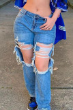 Light Blue Casual Solid Ripped Mid Waist Straight Denim Jeans