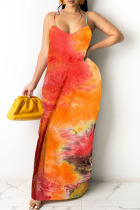 Orange Casual Off The Shoulder Sleeveless Slip Swagger Floor-Length Print Patchwork