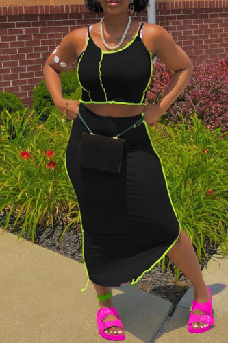 Black Sexy Casual Solid Patchwork Spaghetti Strap Sleeveless Two Pieces