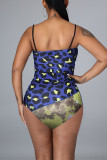 Blue Fashion Sexy Print Backless Swimwears