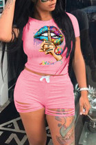 Pink Fashion Sexy adult O Neck Letter Patchwork Print Hole Burn-out Two Piece Suits Lips Print Stitching Plus Size