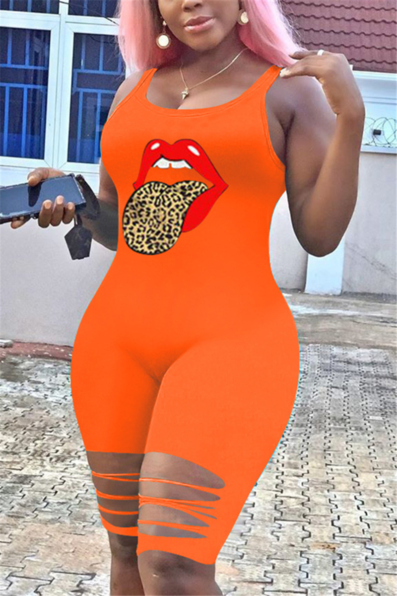 

Orange Sexy Lip Pattern Sleeveless Romper
