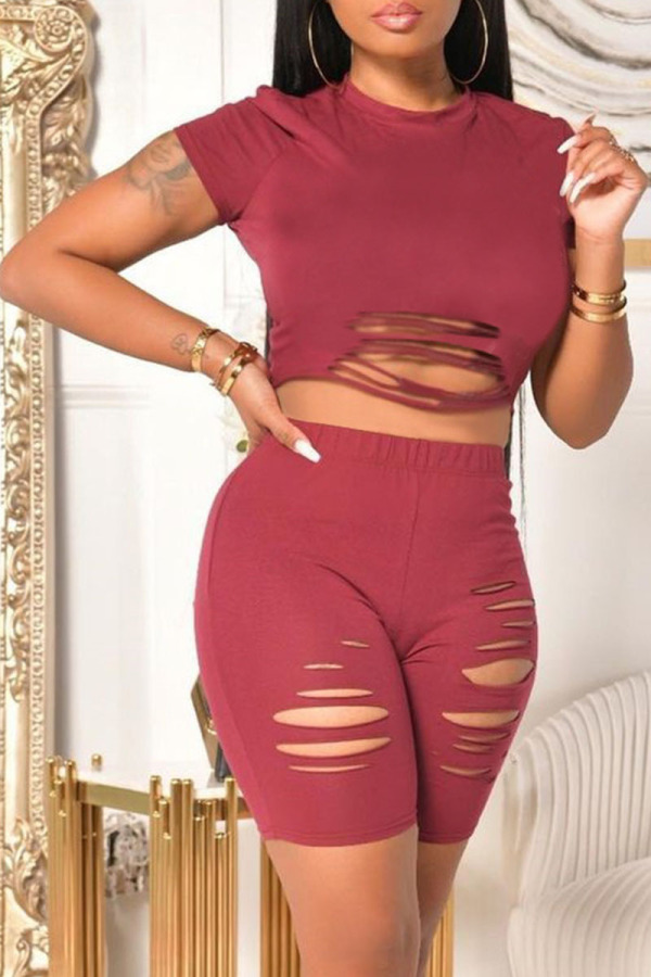 Burgundy Casual Solid Ripped Asymmetrical O Neck Short Sleeve Two Pieces