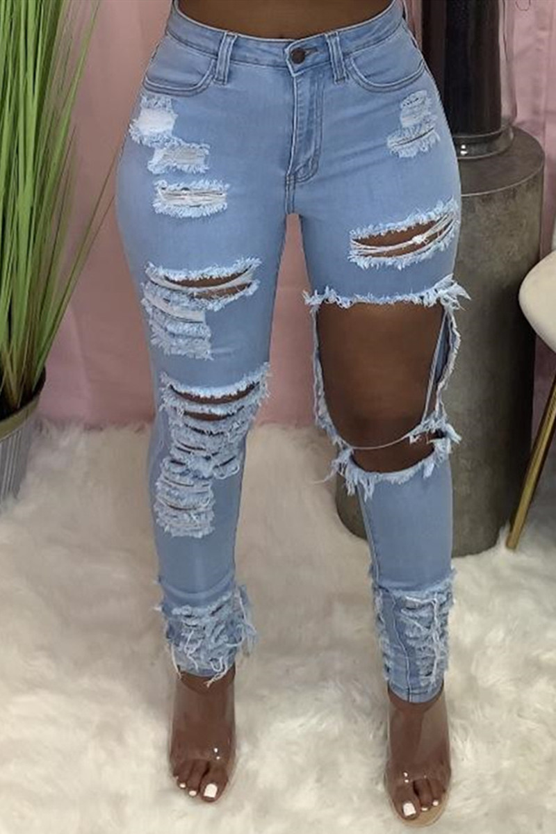 Light Blue Fashion Casual Solid Ripped High Waist Regular Jeans_Jeans ...
