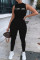 Black Casual Sportswear Letter Embroidered O Neck Skinny Jumpsuits