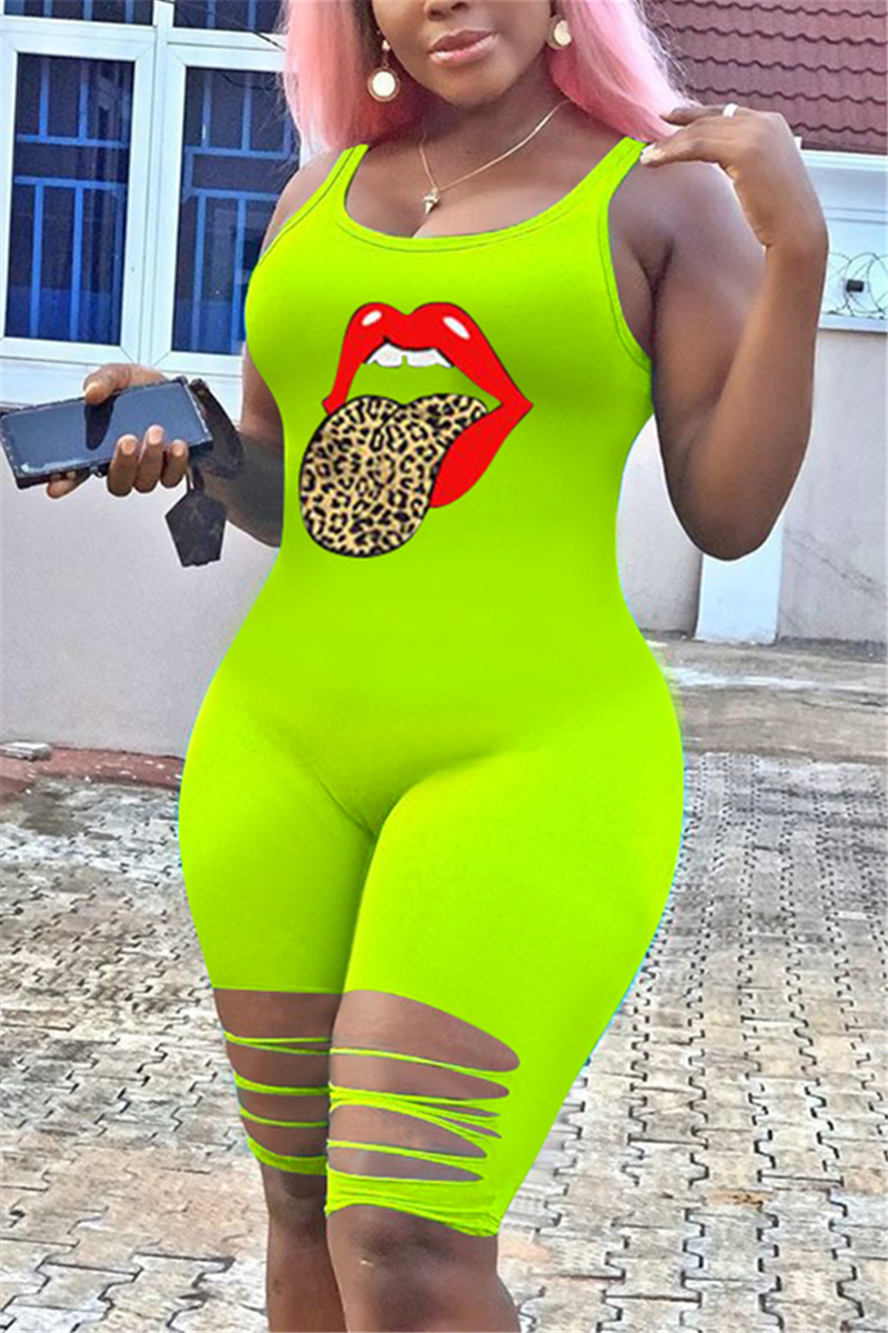 

Green Sexy Lip Pattern Sleeveless Romper