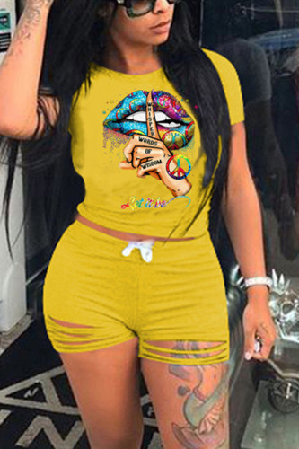 Yellow Fashion Sexy adult O Neck Letter Patchwork Print Hole Burn-out Two Piece Suits Lips Print Stitching Plus Size