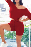 Purplish Red Fashion Casual Solid Basic V Neck Half Sleeve Two Pieces