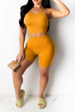 Yellow Sexy Solid Split Joint Spaghetti Strap Sleeveless Two Pieces