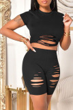 Black Casual Solid Ripped Asymmetrical O Neck Short Sleeve Two Pieces