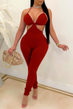 Red Sexy Solid Hollowed Out Halter Skinny Jumpsuits
