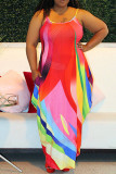 Rainbow Color Sexy Casual Plus Size Print Backless Spaghetti Strap Sleeveless Dress