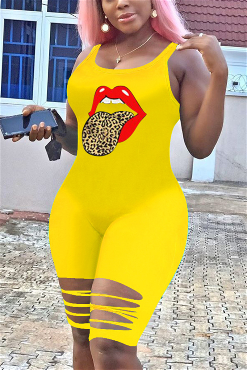 

Yellow Sexy Lip Pattern Sleeveless Romper