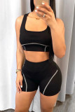 Black Casual Sportswear Solid Patchwork U Neck Sleeveless Two Pieces