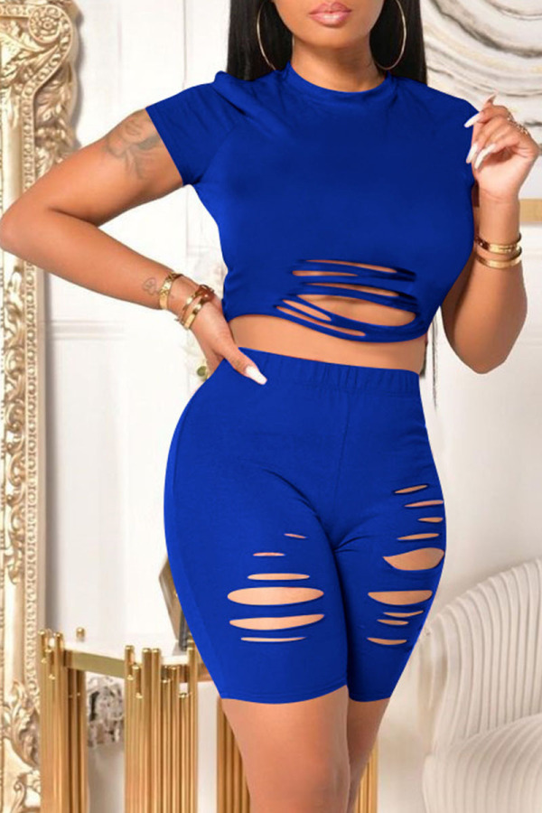 Blue Casual Solid Ripped Asymmetrical O Neck Short Sleeve Two Pieces