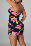 Black Fashion Sexy Print Backless Strap Design One Shoulder Sleeveless Two Pieces