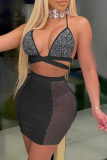 Black Sexy Hot Drilling Mesh Spaghetti Strap Sleeveless Two Pieces