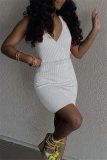 White Sexy Casual Solid With Belt V Neck Vest Dress