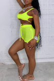 Fluorescent Green Sexy Solid Mesh U Neck Sleeveless Two Pieces