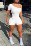 White Sexy Casual Solid Backless Oblique Collar Skinny Romper